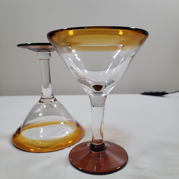Set Of 2 Mexican Hand Blown Amber Clear Glass 6" tall Margherita Martini - Picture 5 of 7